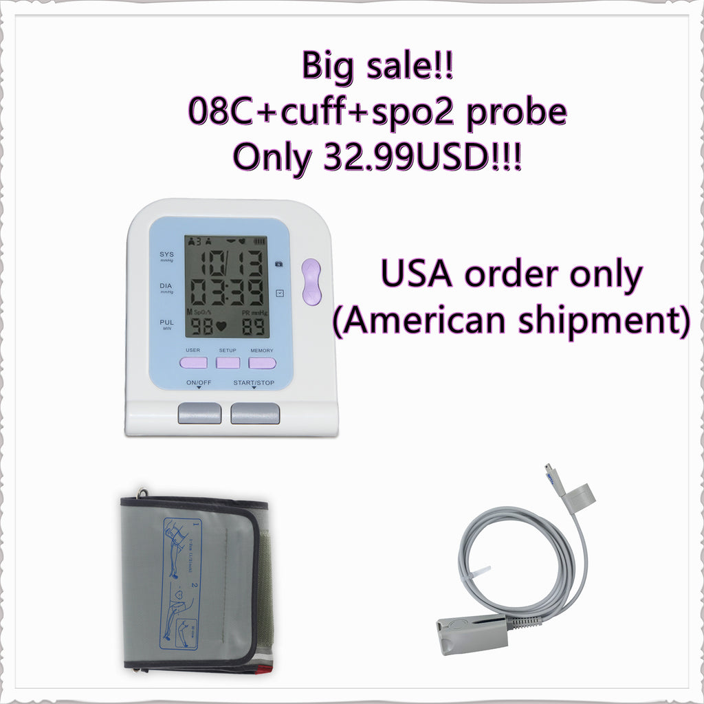 CONTEC08C Digital LCD Arm Blood Pressure Monitor NIBP Cuff + Adult SpO2 Probe