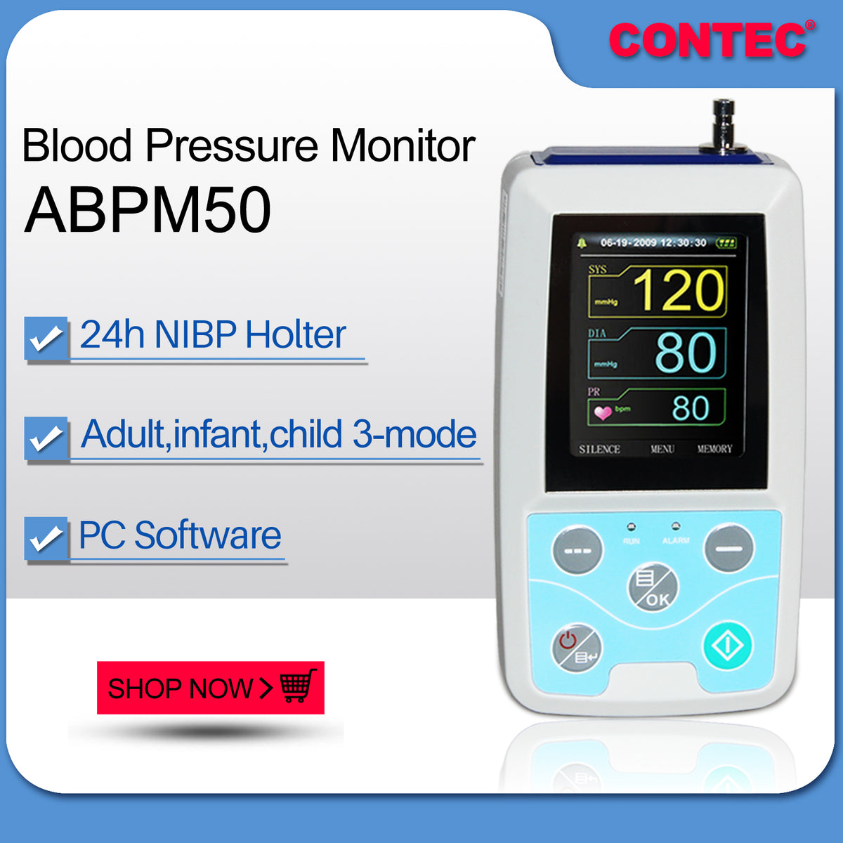 Ambulatory Blood Pressure Monitor NIBP Holter USB Software 24 Hour Record,2  cuff
