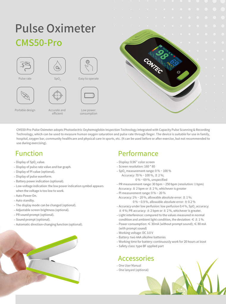 CMS50-Pro Fingeritip Pulse Rate Oximeter Blood Oxygen Green CONTEC Spo2 PR