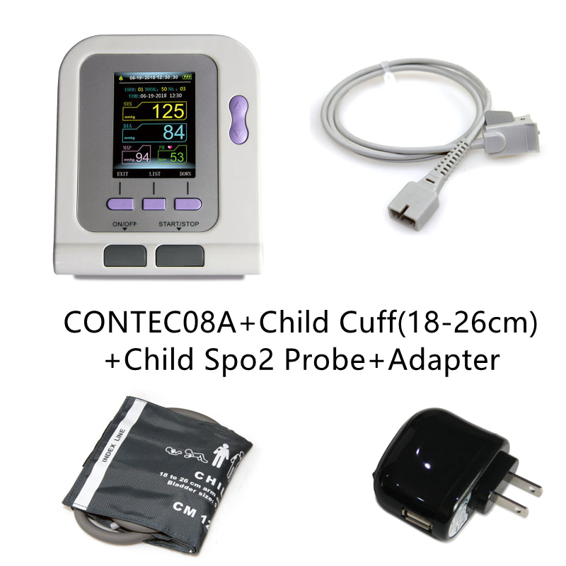 CONTEC Tensiómetro Digital CONTEC08A+Manguito para niños+Sonda Spo2 para niños+Adaptador 