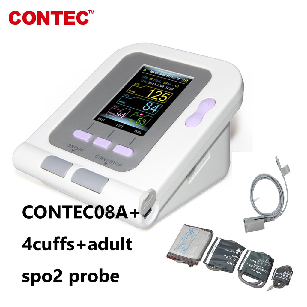 CONTEC 08A Monitor digital de presión arterial de brazo superior 4 manguitos BP + SP02 para adultos + software USB