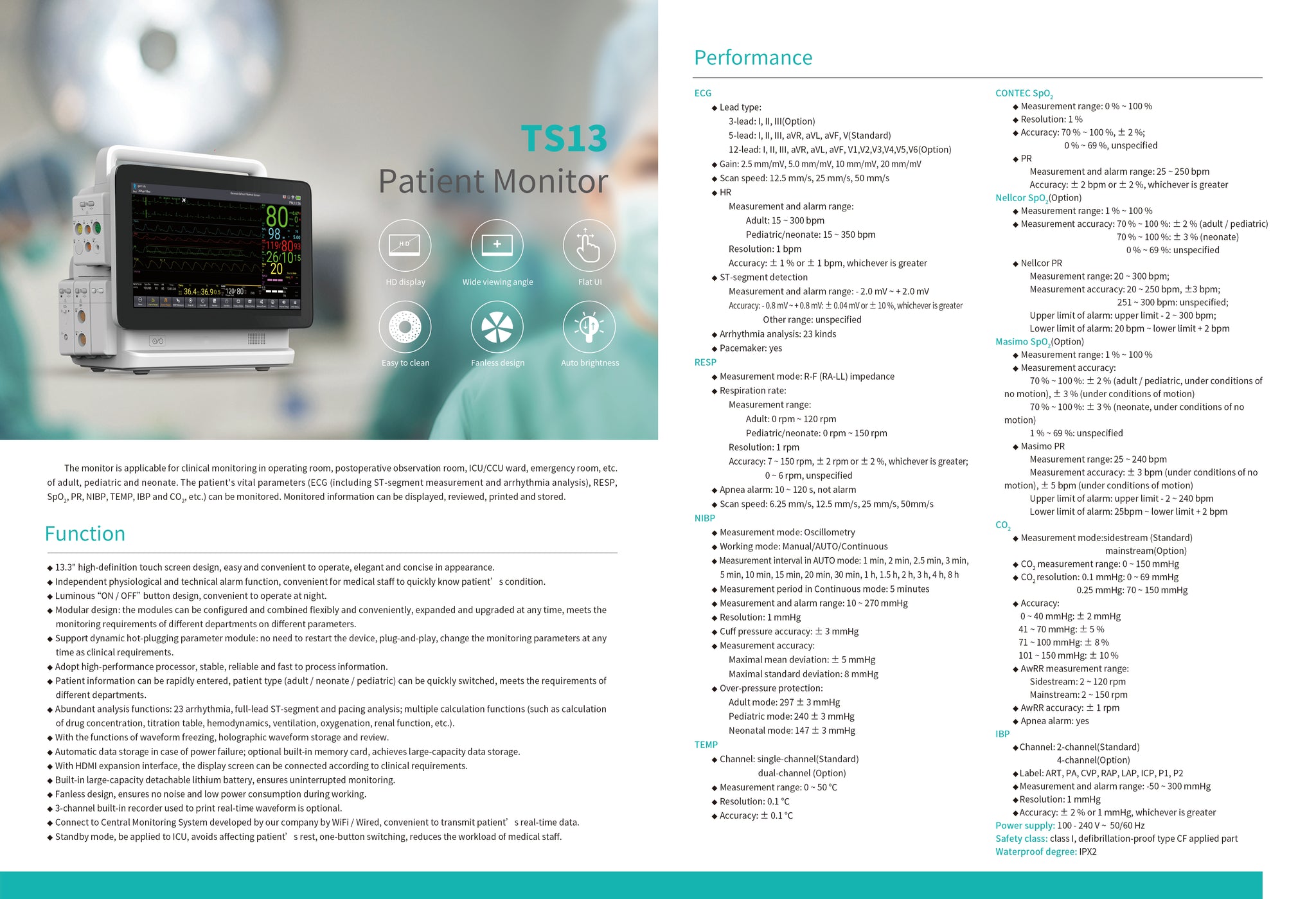 CONTEC TS13 Patient Monitor ICU HD Display 7 Para ETCO2 IBP ECG NIBP S