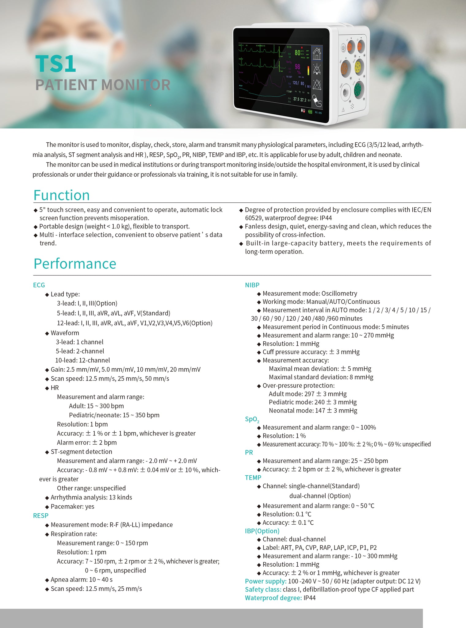 CONTEC TS1 Patient Monitor+free thermometer 5 Para ECG NIBP SPO2 PR TE