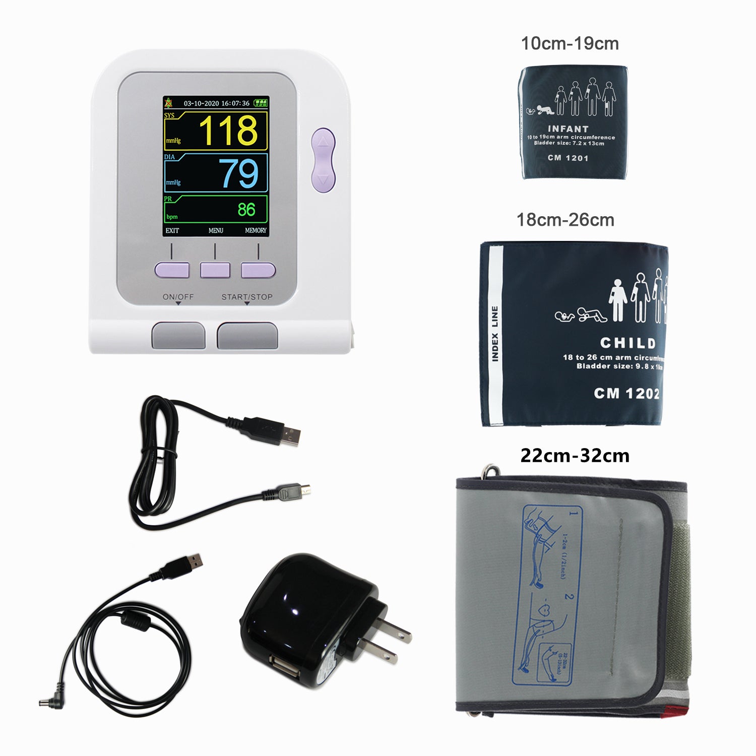 CONTEC 08A Digital Upper Arm Blood Pressure Monitor 3 BP Cuffs+adapter
