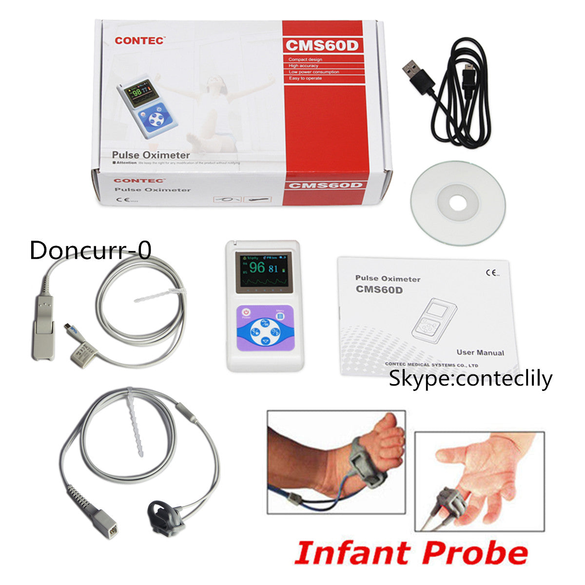 CONTEC CMS60D Pulse Oximeter Spo2 Monitor(Slim finger probes and Littl