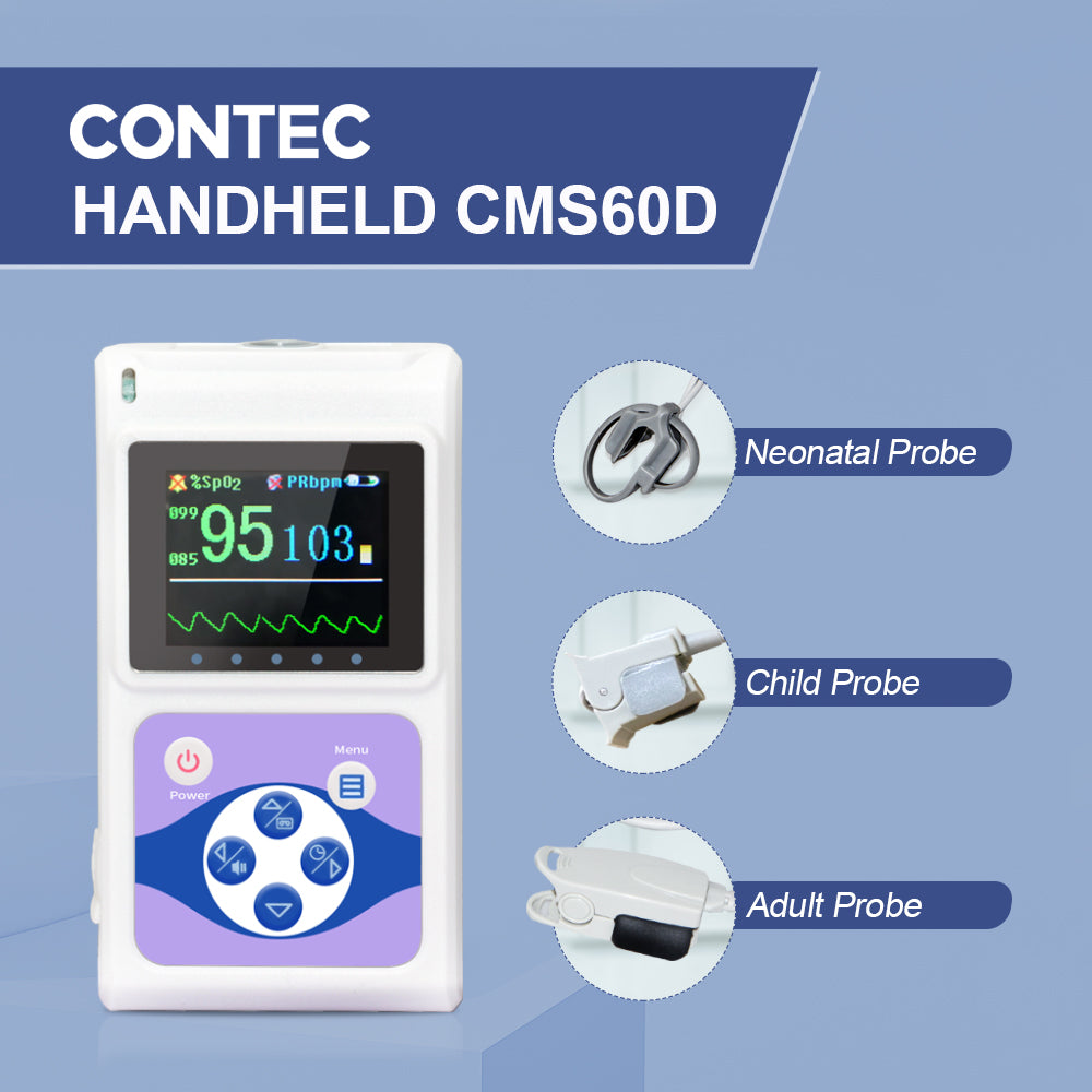 Oxymètre de pouls portatif CMS60D + sondes spo2 pour adultes, pédiatriques et néonatales