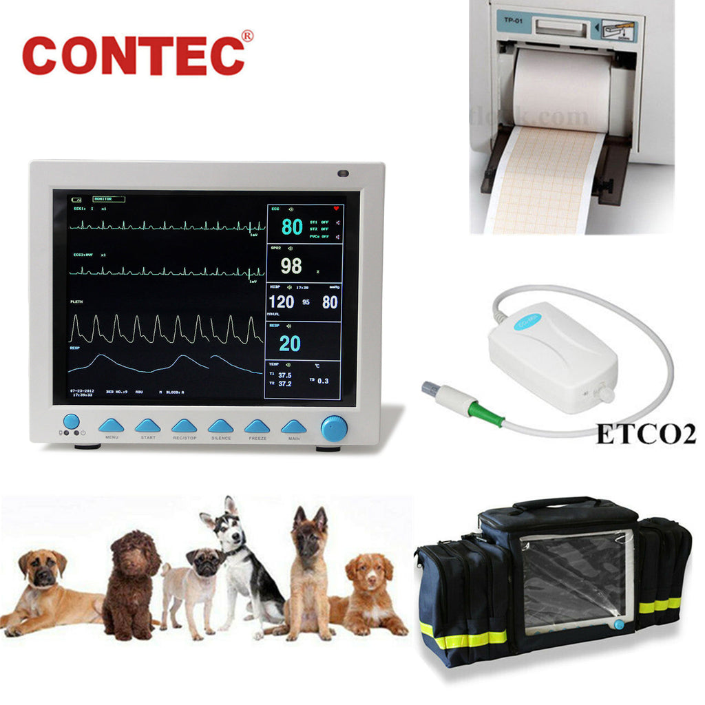 CONTEC CMS8000 VET ICU moniteur patient vétérinaire signes vitaux capnographe CO2 animal, imprimante, sac 
